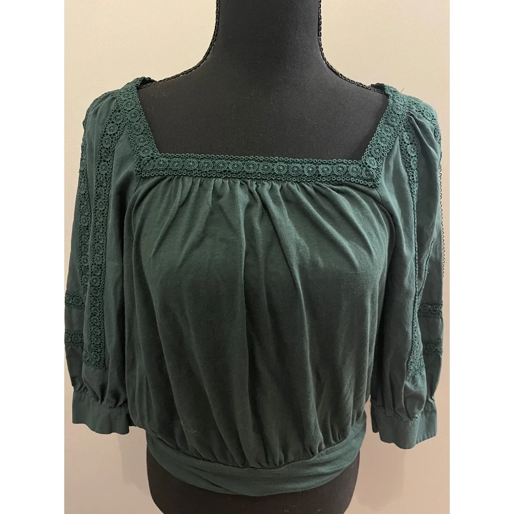 Anthropologie Chela Green Crochet Lace Trim Puff Sleeve Blouse Square Neck Top S